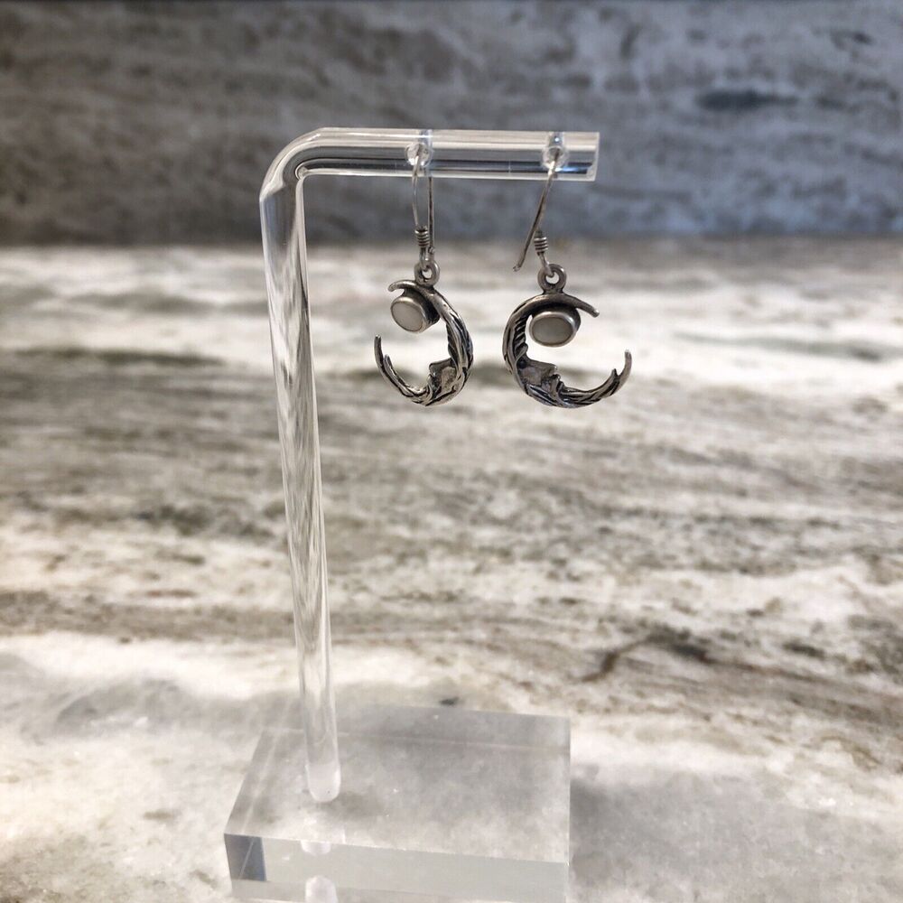 Celestial Crescent Moon Mother of Pearl Inlay Sterling Silver Dangle Earrings